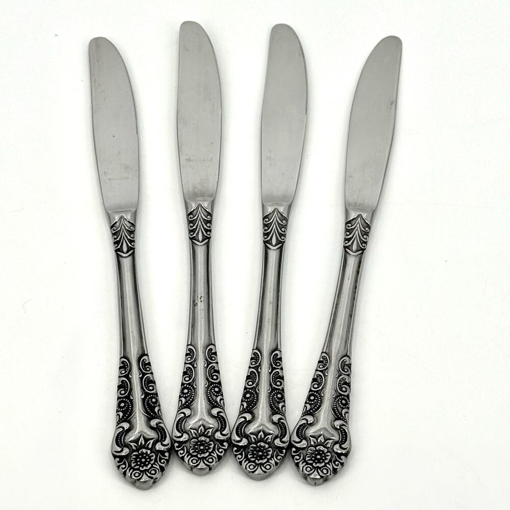CONTINENTAL SILVER Voisin Stainless Flatware 4 Dinner Knives Ornate Floral